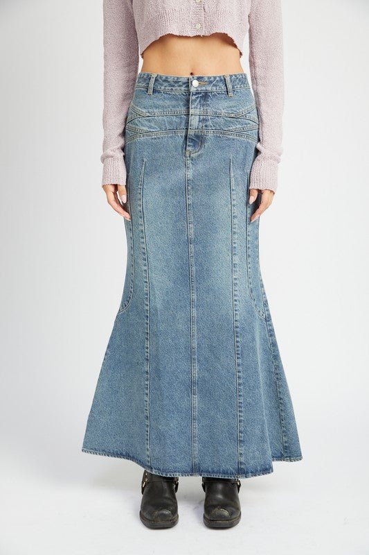 FLUTED DENIM MAXI SKIRT - Too Dimes Boutique