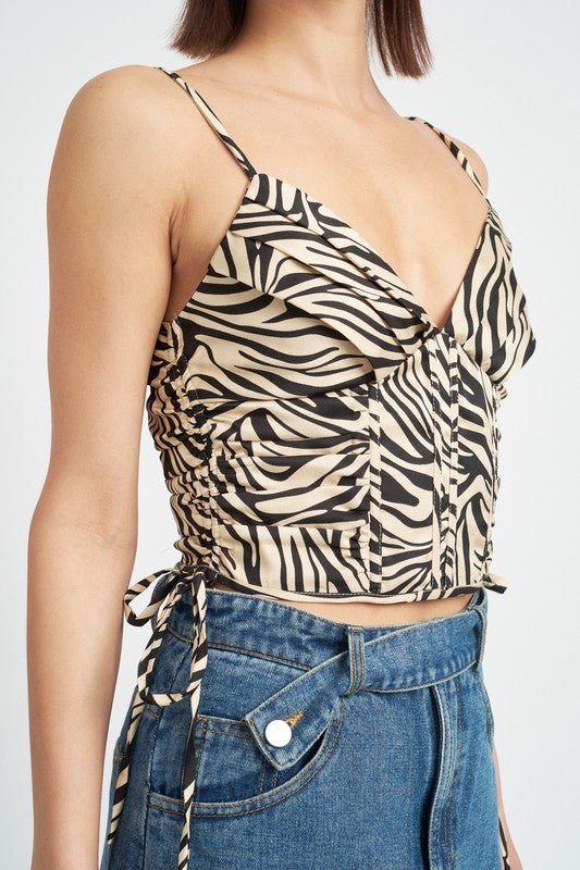 ZEBRA PRINT RUCHED CORSET TOP - Too Dimes Boutique