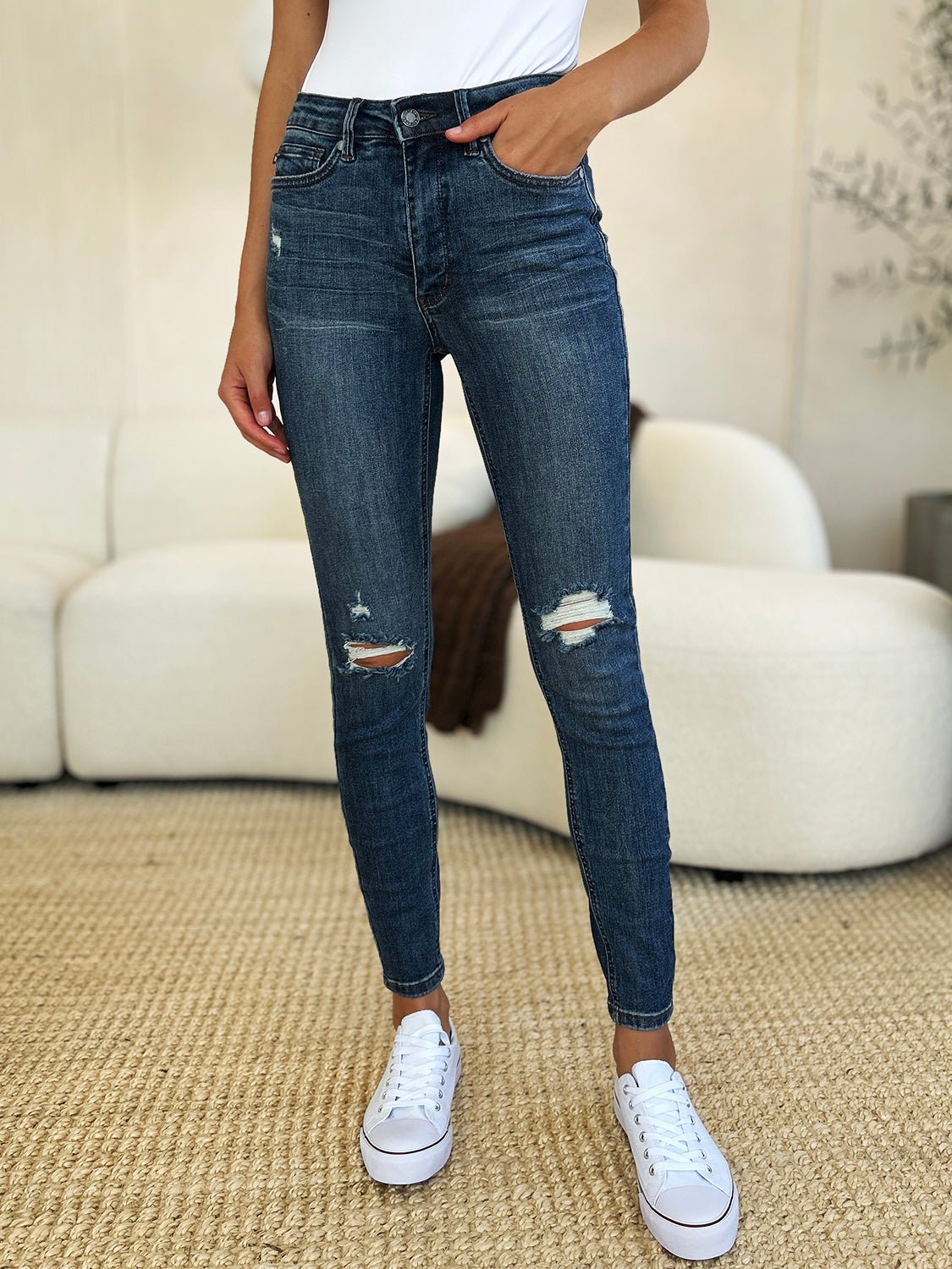 Judy Blue Full Size Mid Waist Distressed Slim Jeans - Too Dimes Boutique