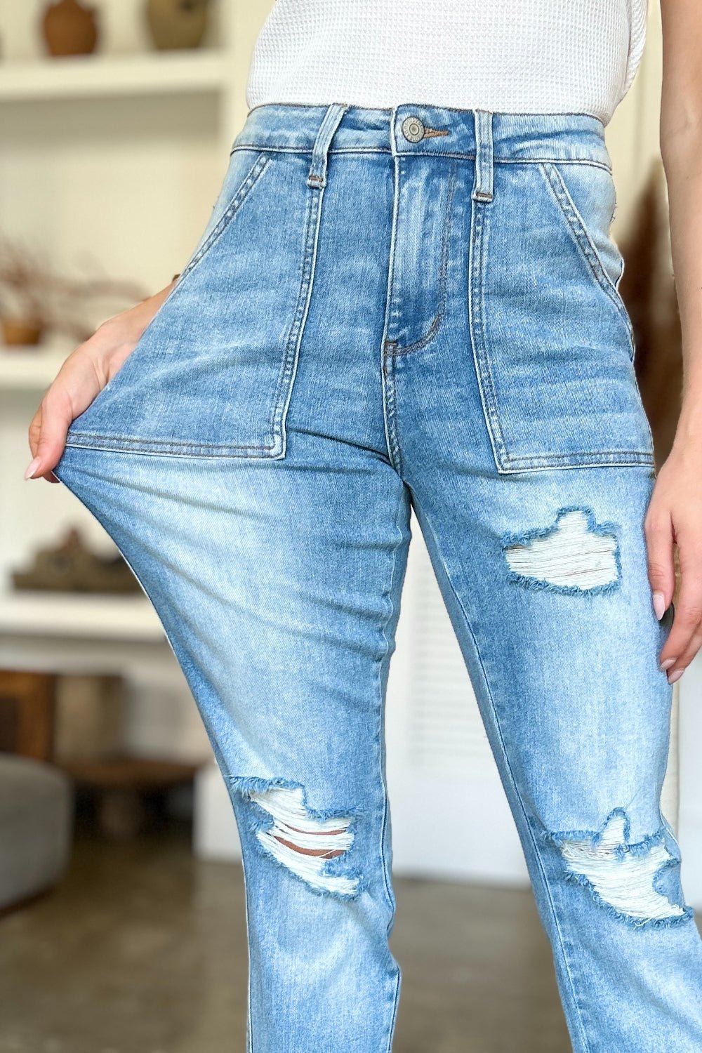 Judy Blue Full Size Distressed Straight Jeans with Patch Pockets - Too Dimes Boutique