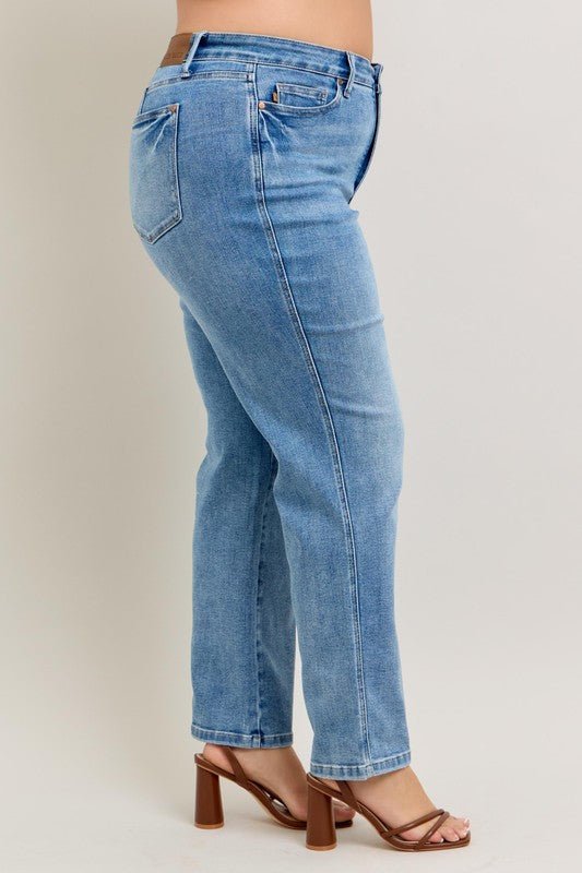 Judy Blue Full Size Tummy Control Vintage Wash Straight Jeans Plus Size - Too Dimes Boutique