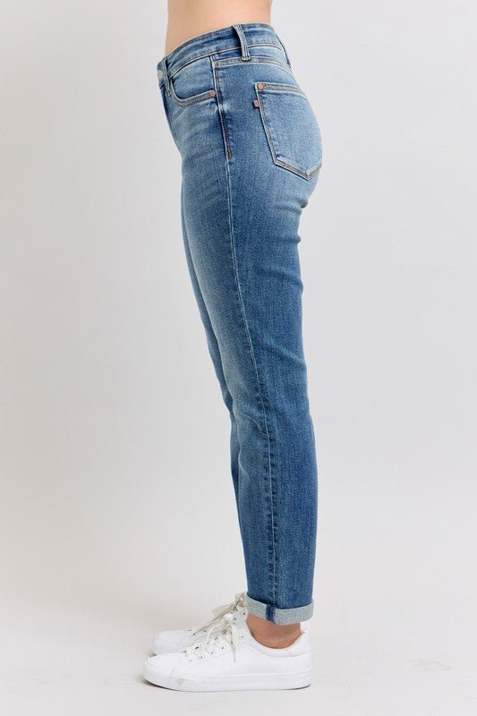 Judy Blue Full Size Mid Rise Skinny Cuff Jeans with Pockets Plus Size - Too Dimes Boutique