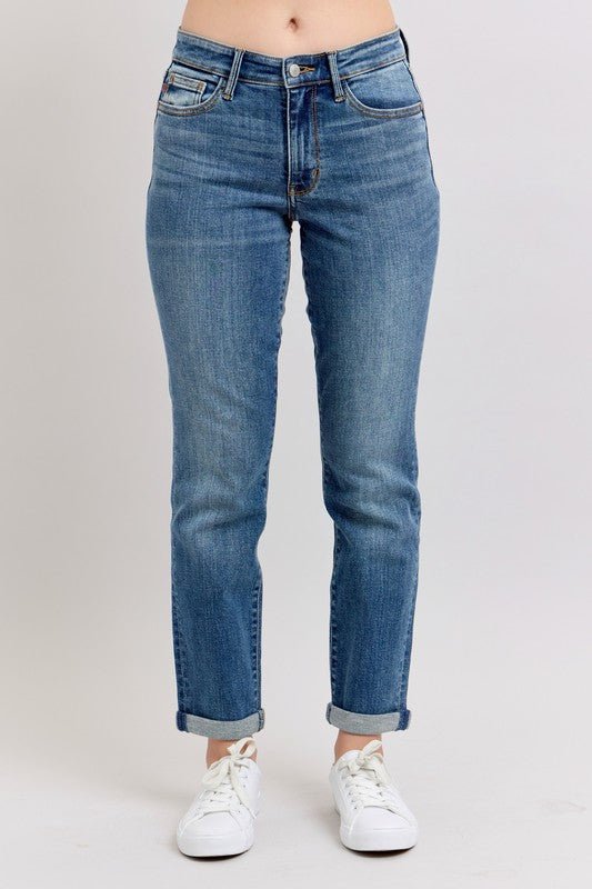 Judy Blue Full Size Mid Rise Skinny Cuff Jeans with Pockets Plus Size - Too Dimes Boutique