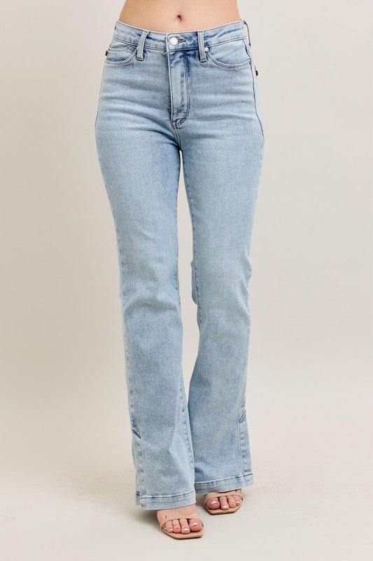 Judy Blue Full Size Tummy Control Vintage Wash Side Slit Slim Boot Jeans Plus Size - Too Dimes Boutique