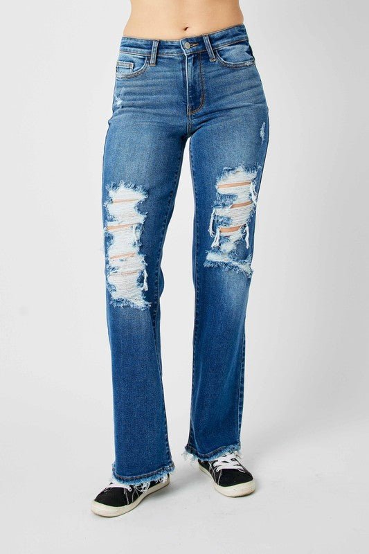 Judy Blue Full Size Mid Rise Distressed Raw Hem Jeans - Too Dimes Boutique