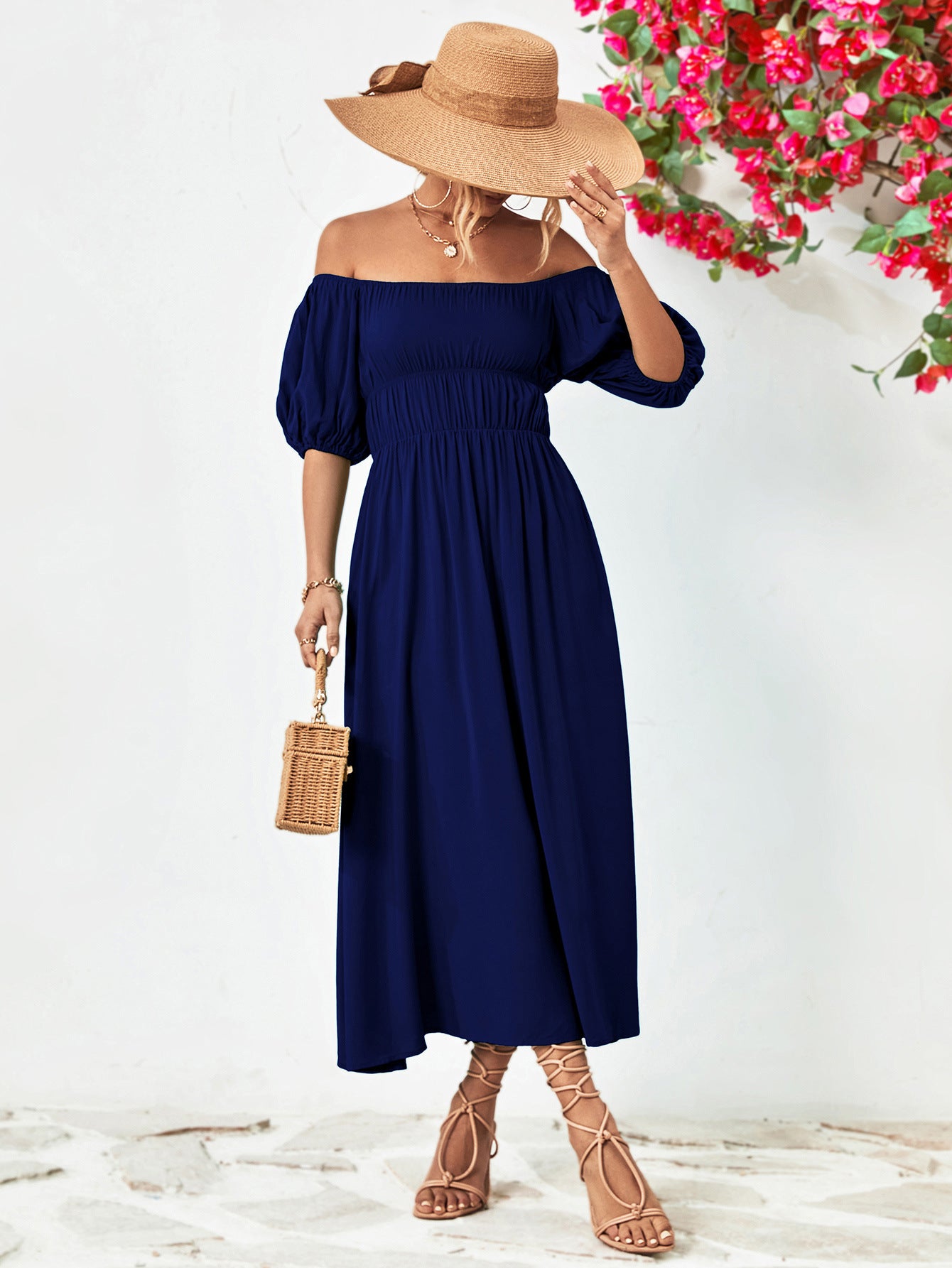 Off - Shoulder Balloon Sleeve Midi Dress - Too Dimes Boutique
