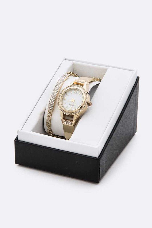 Crystal Bezel Bracelet Watch Set - Too Dimes Boutique