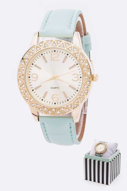 Crystal Bezel Leather Band Fashion Watch - Too Dimes Boutique