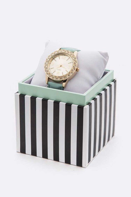 Crystal Bezel Leather Band Fashion Watch - Too Dimes Boutique