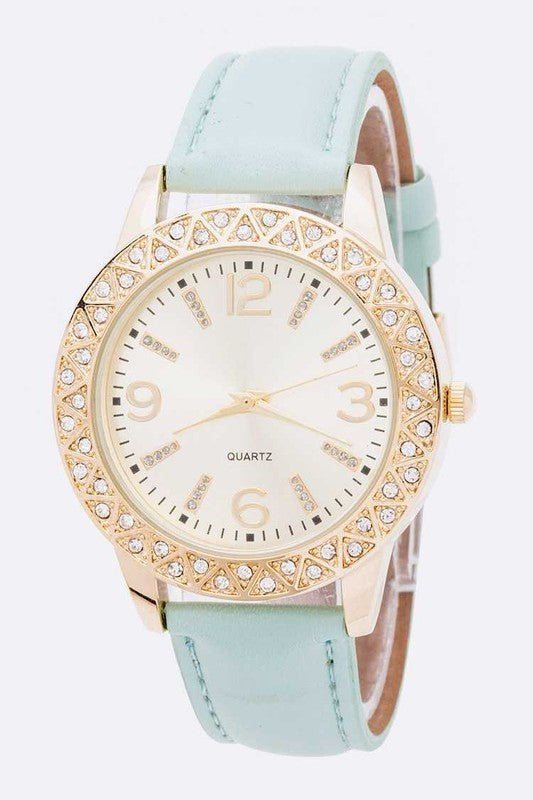 Crystal Bezel Leather Band Fashion Watch - Too Dimes Boutique