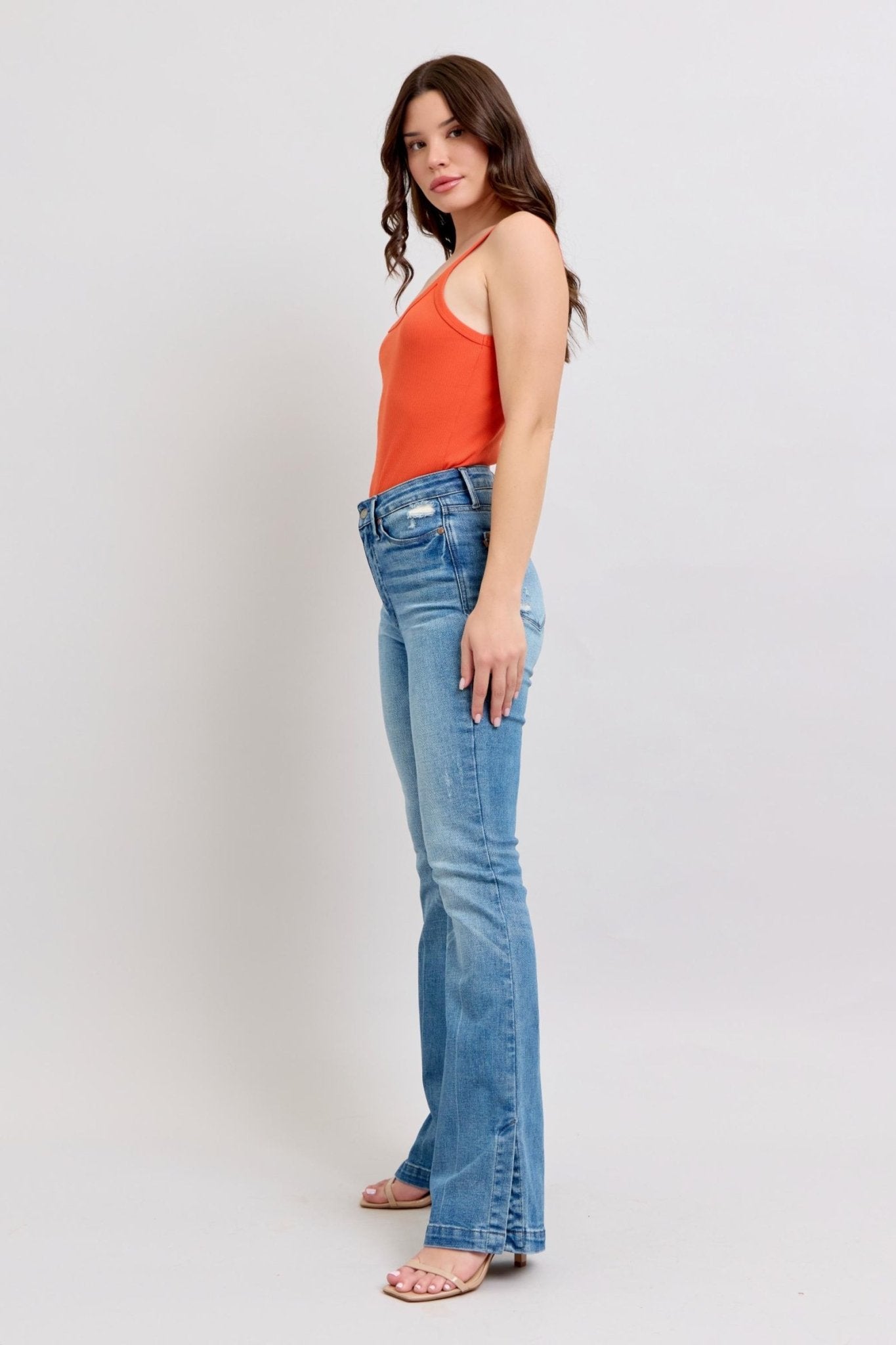 Judy Blue HW Tummy Control Vintage Wash Side Slit Slim Boot Jeans - Too Dimes Boutique