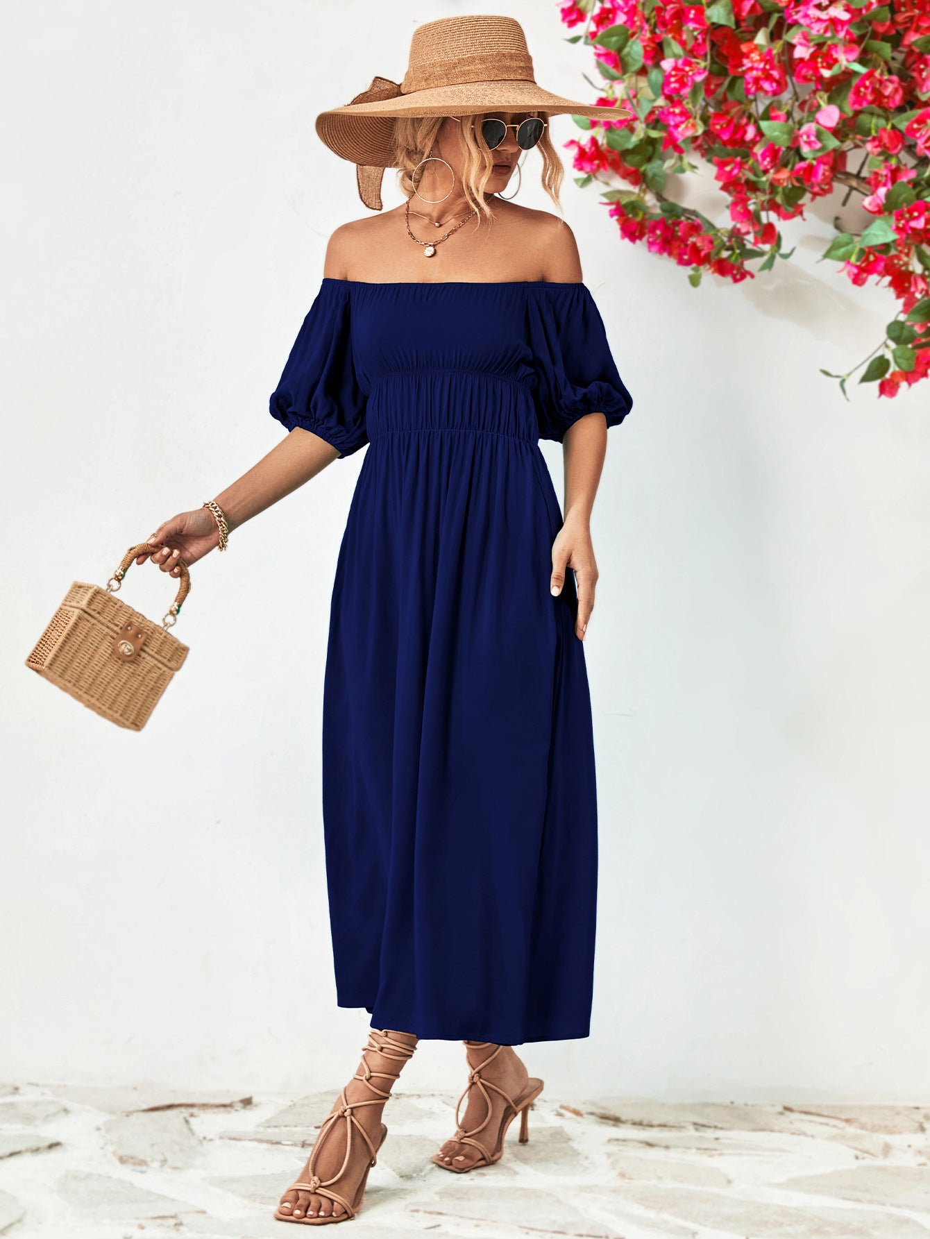 Off - Shoulder Balloon Sleeve Midi Dress - Too Dimes Boutique