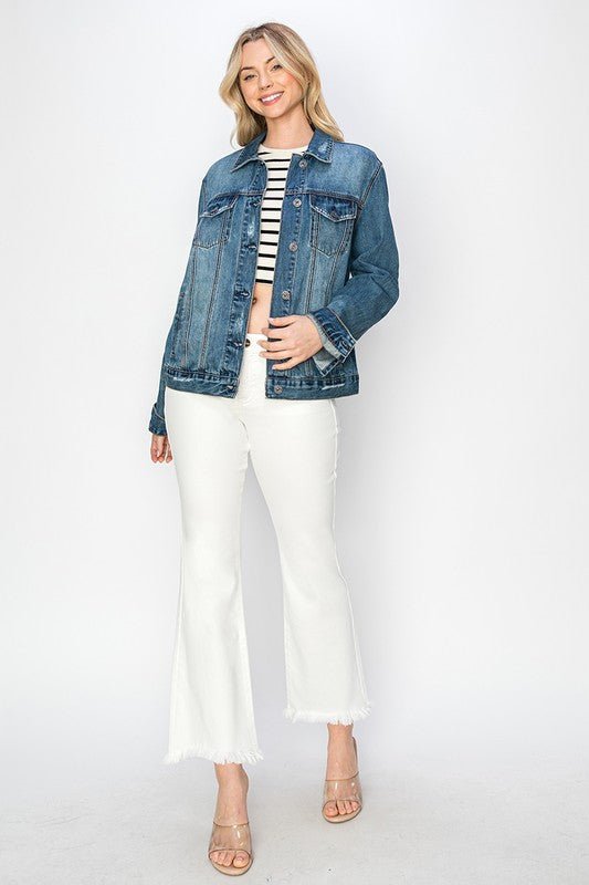 RISEN Full Size Distressed Button Up Jacket - Too Dimes Boutique