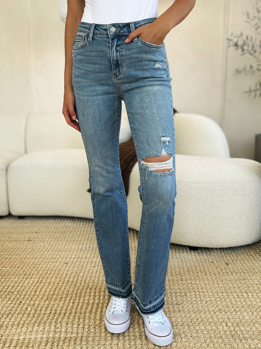 Judy Blue Full Size Mid Rise Destroyed Hem Distressed Jeans - Too Dimes Boutique