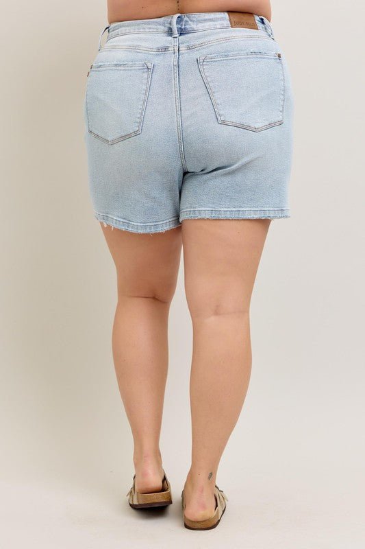 Judy Blue Full Size Frayed Hem High Rise Denim Shorts with Pockets Plus Size - Too Dimes Boutique