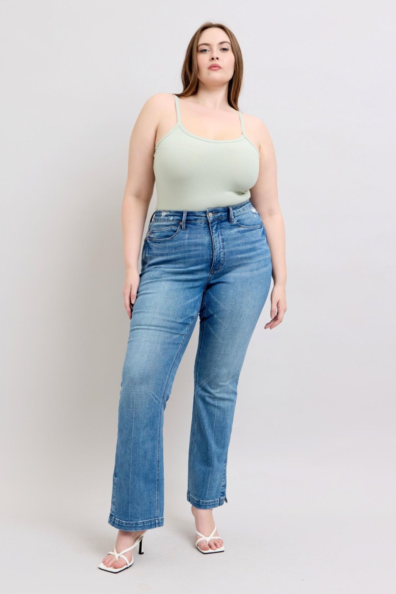 Judy Blue HW Tummy Control Vintage Wash Side Slit Slim Boot Jeans - Too Dimes Boutique