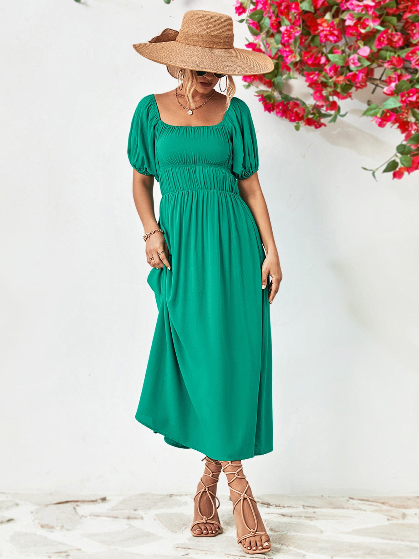 Off - Shoulder Balloon Sleeve Midi Dress - Too Dimes Boutique