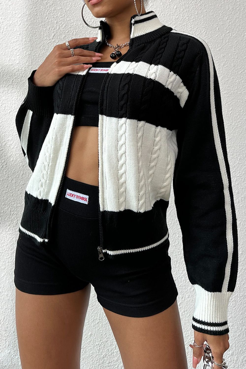 Cable - Knit Color Block Raglan Sleeve Cardigan - Too Dimes Boutique