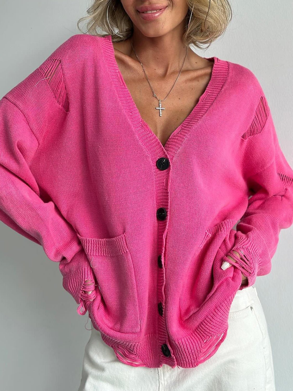 Distressed Button Down Long Sleeve Cardigan - Too Dimes Boutique