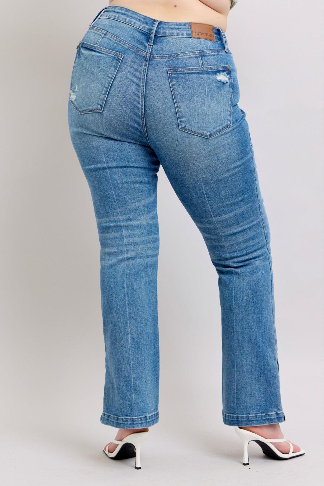 Judy Blue HW Tummy Control Vintage Wash Side Slit Slim Boot Jeans - Too Dimes Boutique