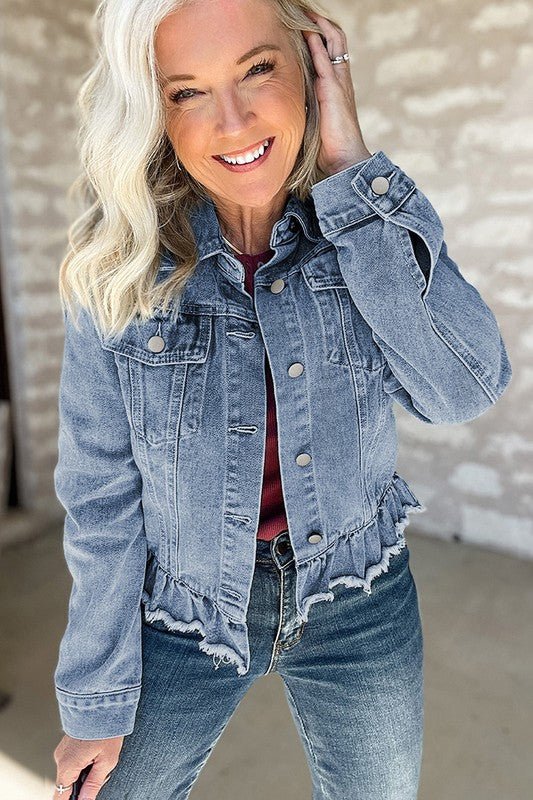 Beau Blue Ruffle Raw Hem Flap Pockets Denim Jacket - Too Dimes Boutique