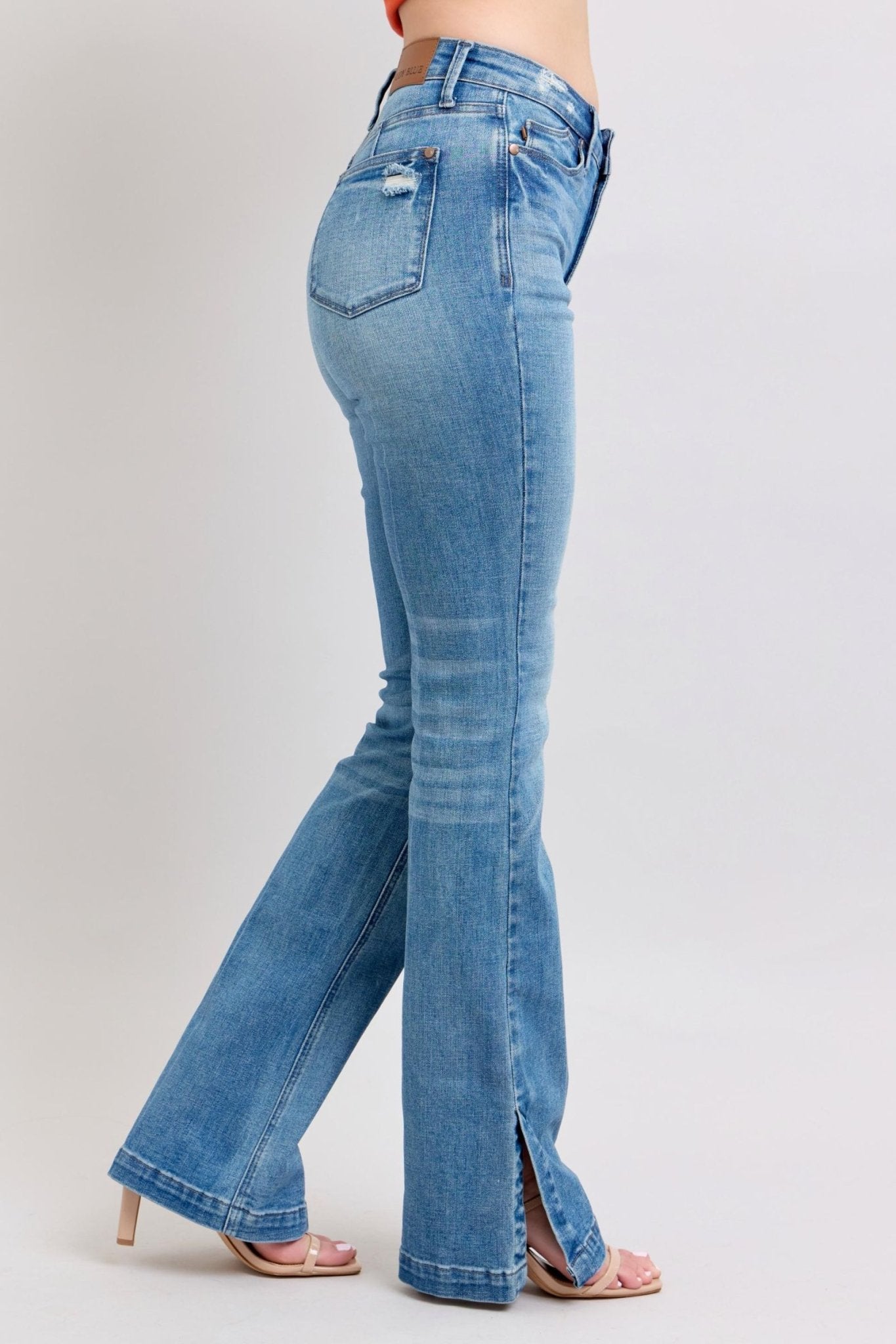 Judy Blue HW Tummy Control Vintage Wash Side Slit Slim Boot Jeans - Too Dimes Boutique