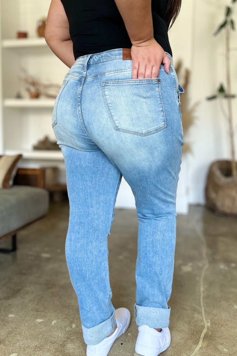 Judy Blue Full Size Distressed Straight Jeans with Patch Pockets - Too Dimes Boutique