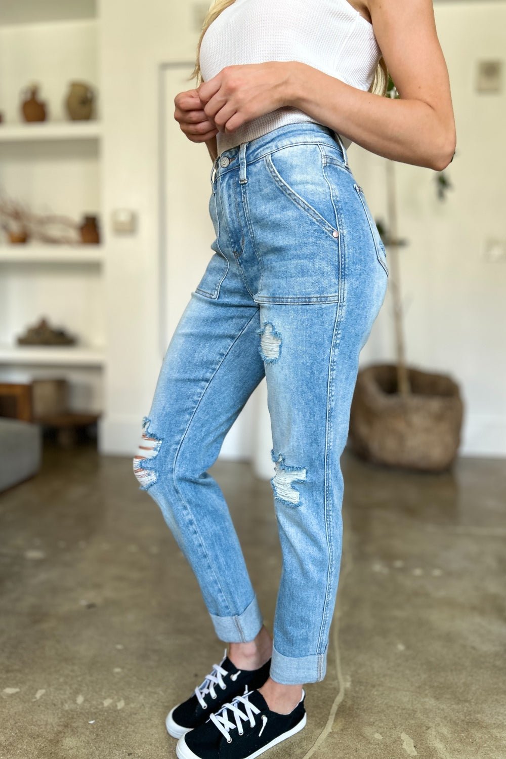 Judy Blue Full Size Distressed Straight Jeans with Patch Pockets - Too Dimes Boutique