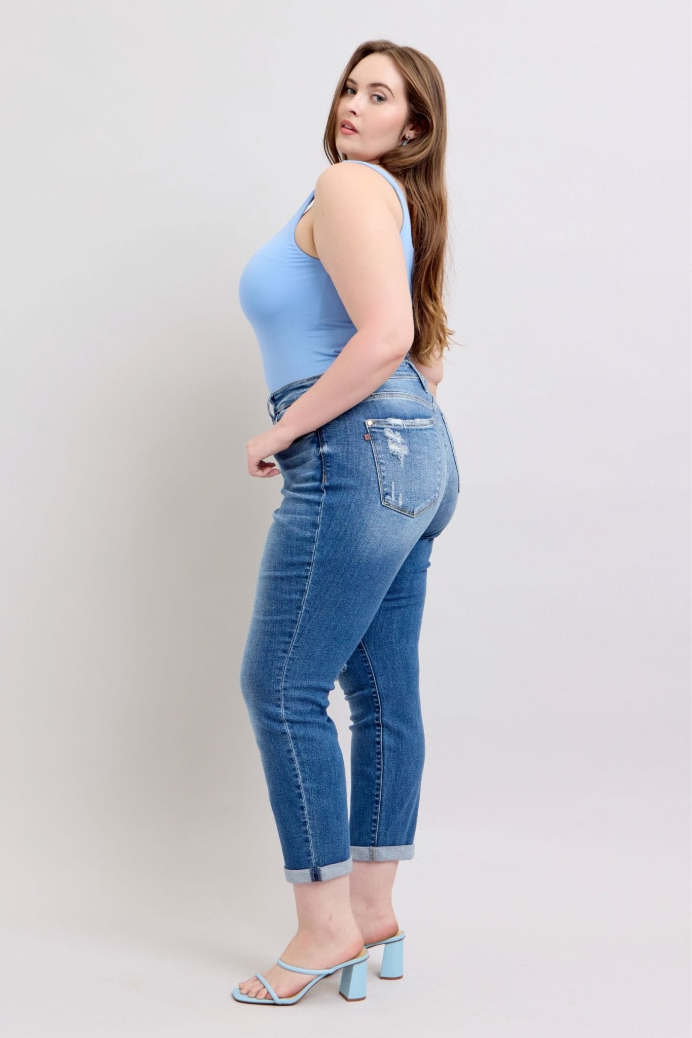 Judy Blue Full Size Button Fly Distressed Jeans with Pockets Plus Size - Too Dimes Boutique