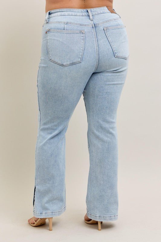 Judy Blue Full Size Tummy Control Vintage Wash Side Slit Slim Boot Jeans Plus Size - Too Dimes Boutique