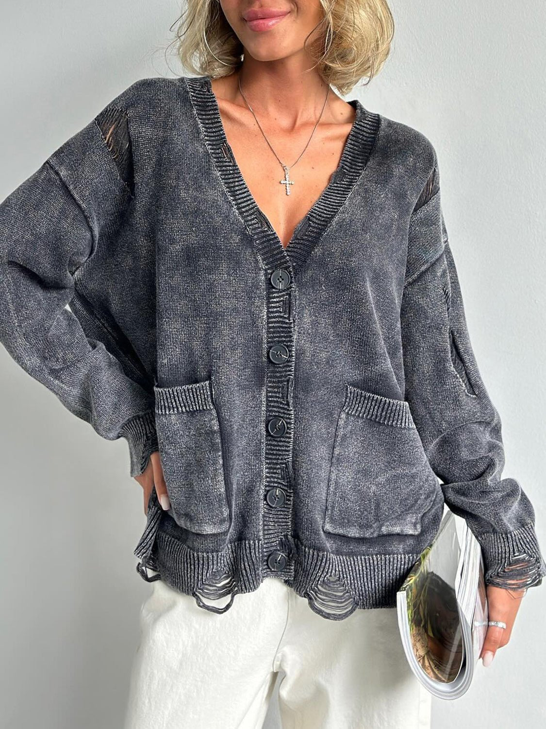 Distressed Button Down Long Sleeve Cardigan - Too Dimes Boutique