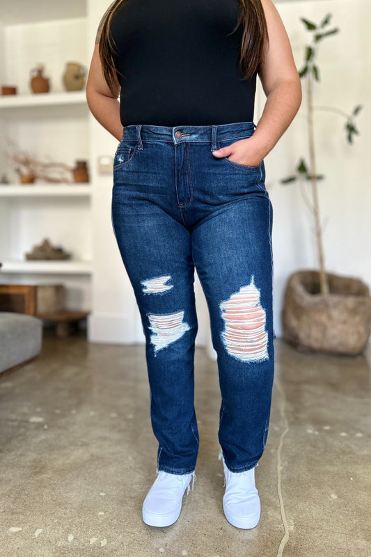 Judy Blue Full Size High Waist Rigid Magic Heavy Destroy Straight Jeans - Too Dimes Boutique