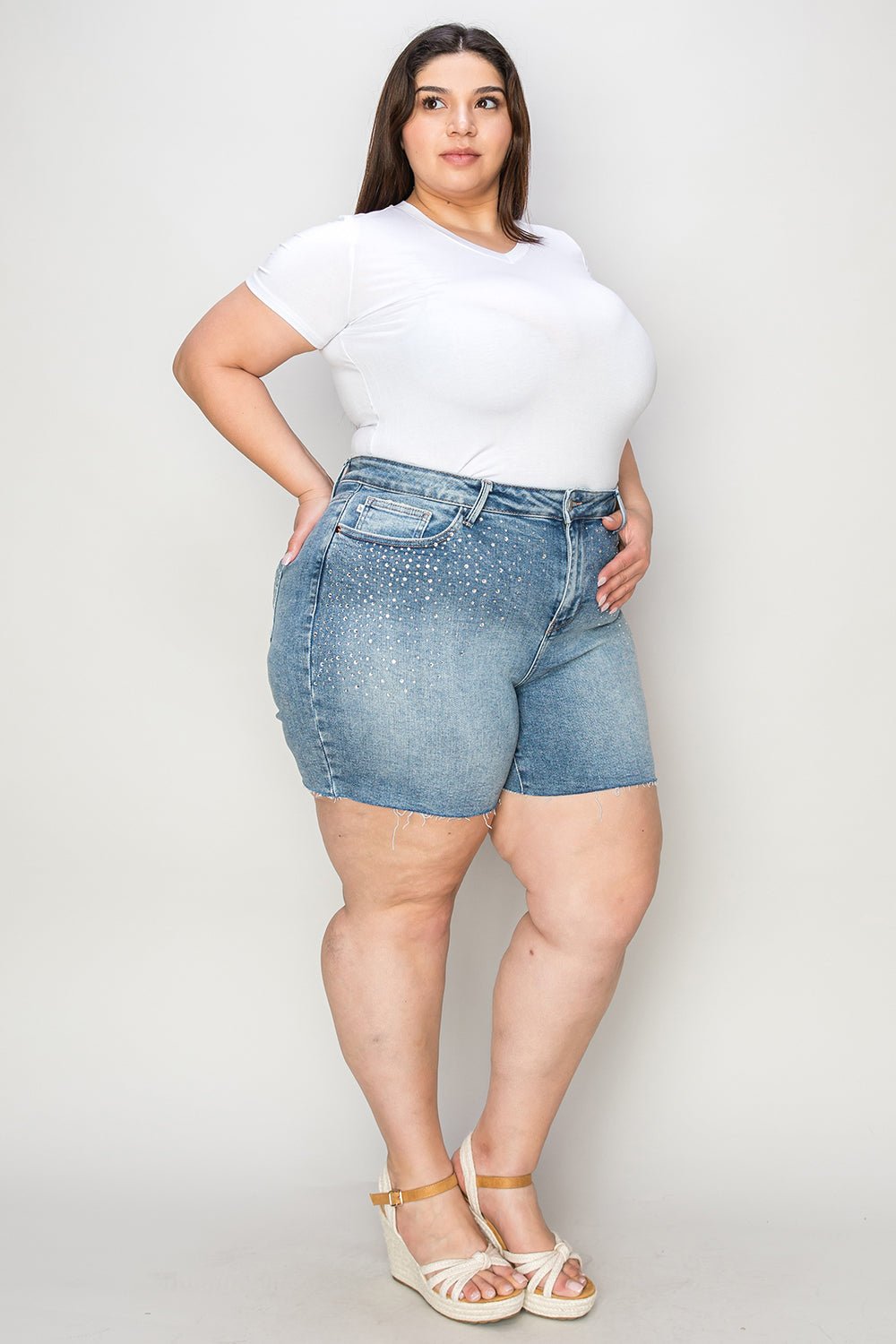 Judy Blue Full Size High Waist Rhinestone Decor Denim Shorts - Too Dimes Boutique
