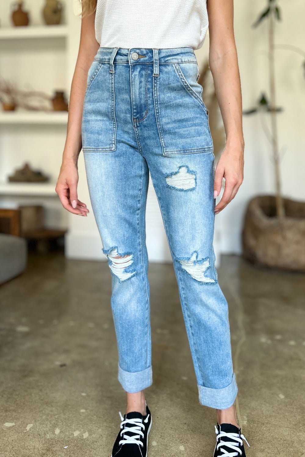 Judy Blue Full Size Distressed Straight Jeans with Patch Pockets - Too Dimes Boutique