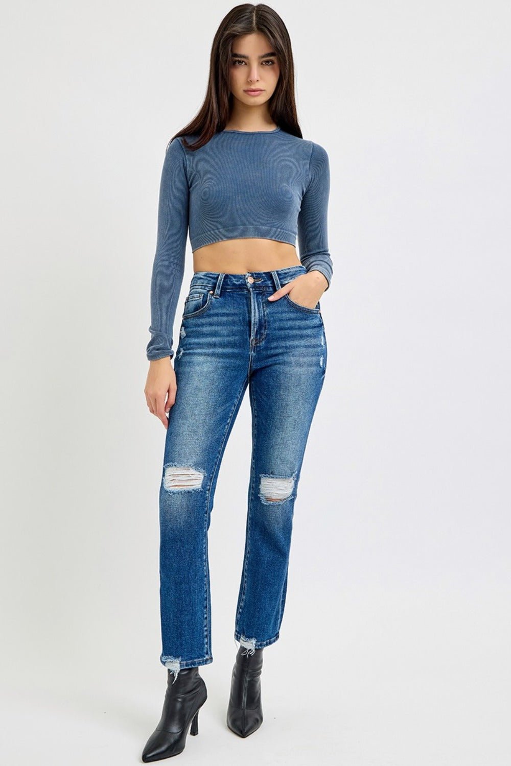 RISEN Full Size High Rise Distressed Crop Straight Jeans - Too Dimes Boutique