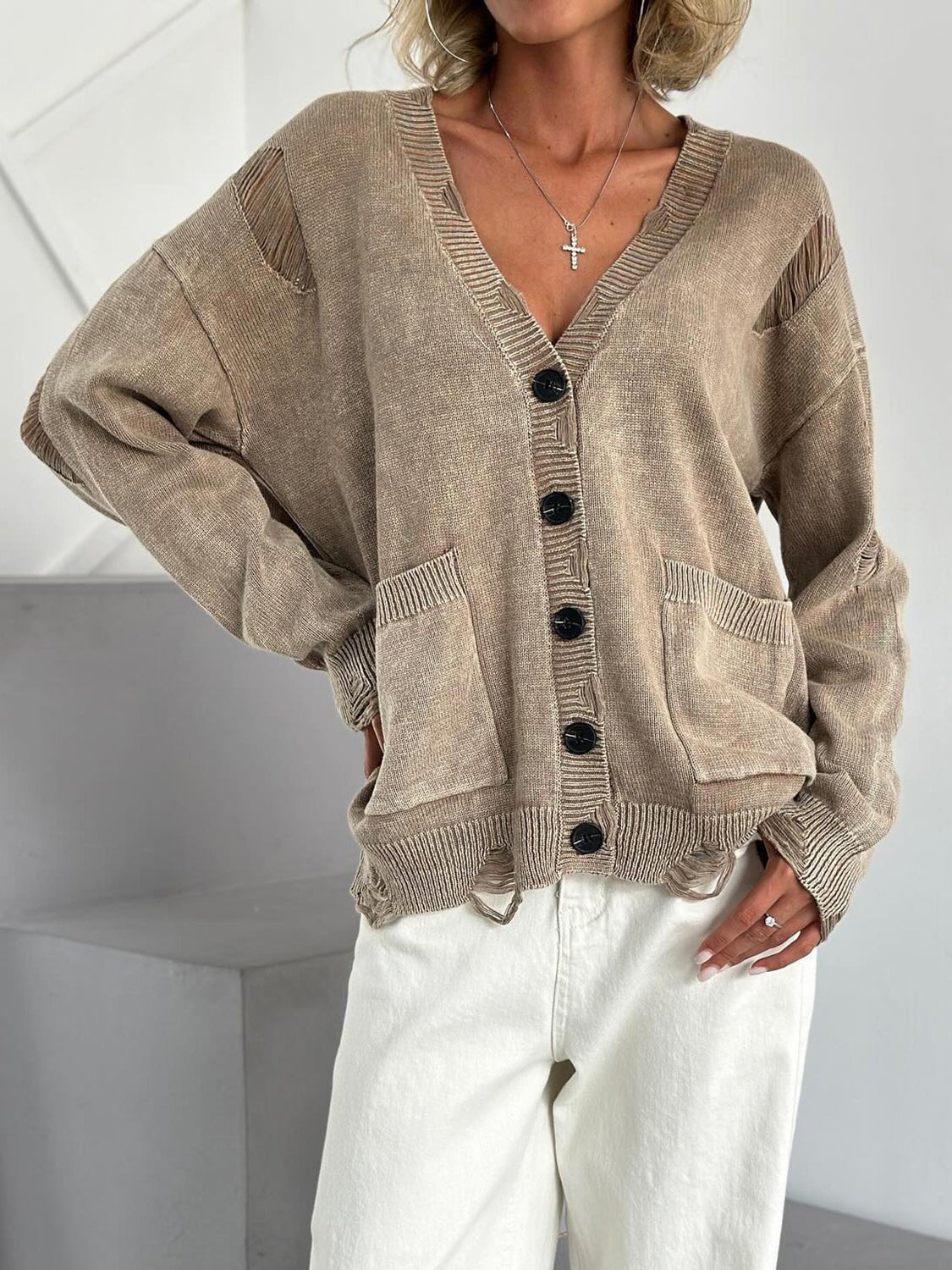 Distressed Button Down Long Sleeve Cardigan - Too Dimes Boutique