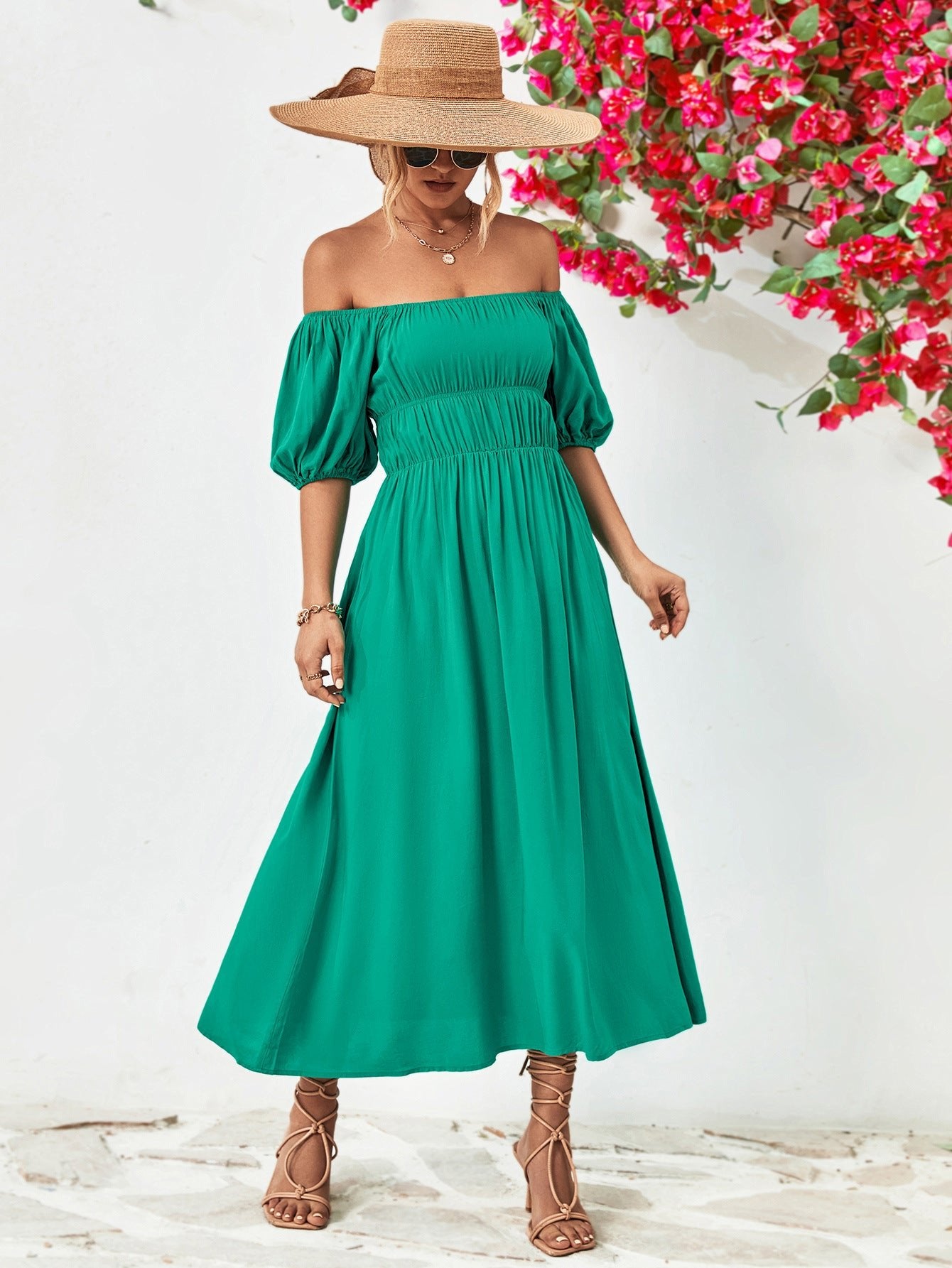 Off - Shoulder Balloon Sleeve Midi Dress - Too Dimes Boutique
