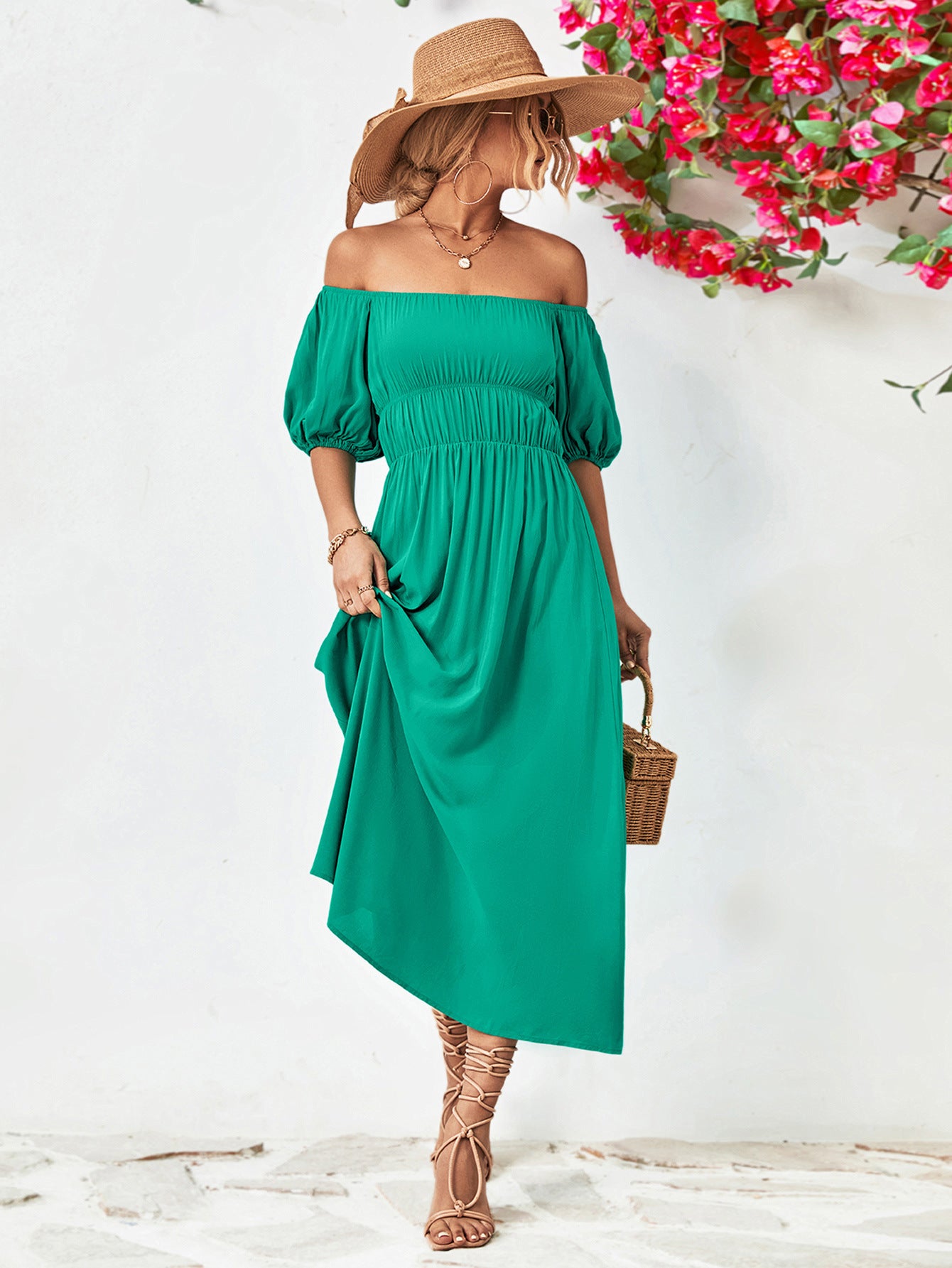 Off - Shoulder Balloon Sleeve Midi Dress - Too Dimes Boutique