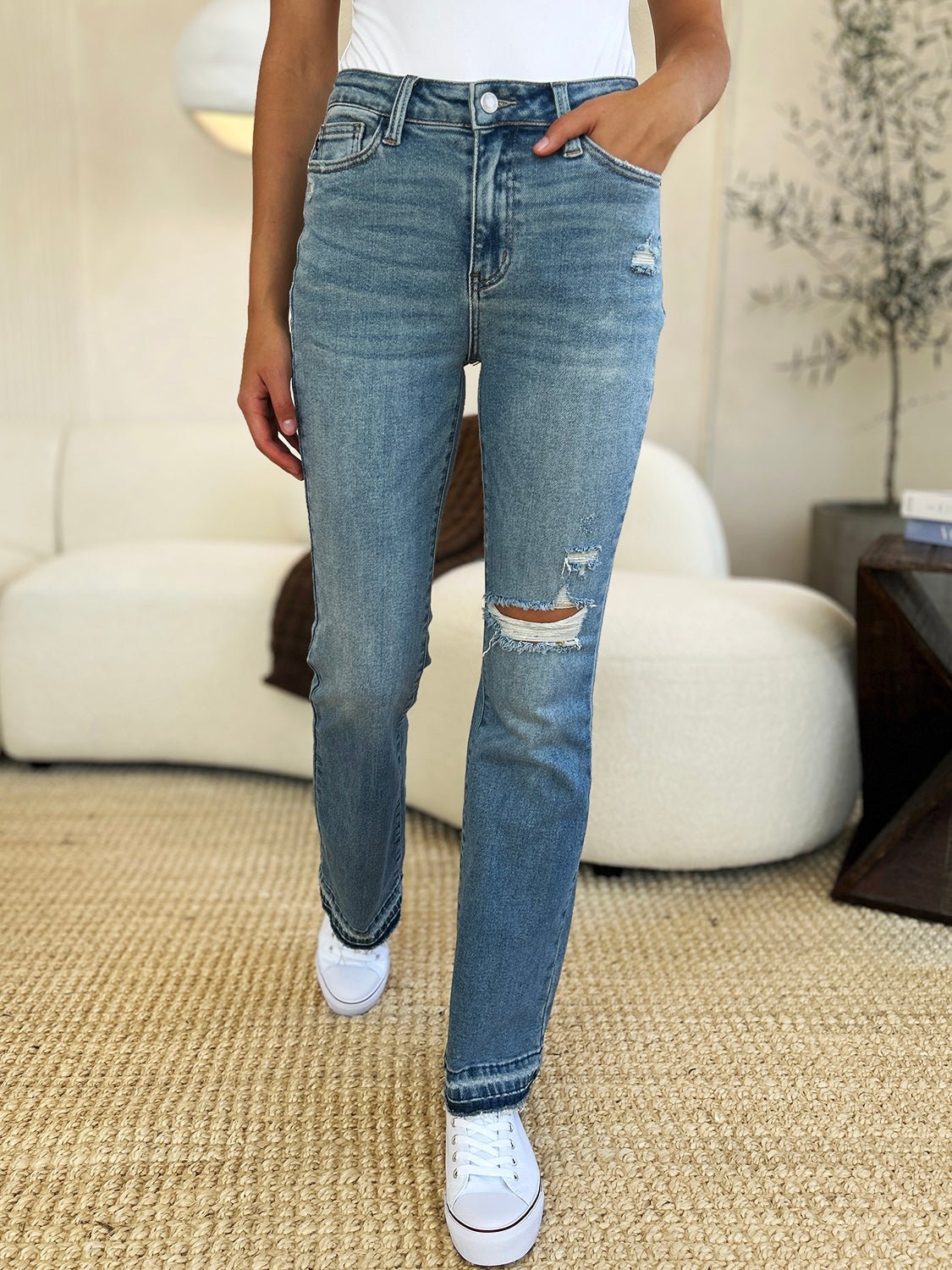 Judy Blue Full Size Mid Rise Destroyed Hem Distressed Jeans - Too Dimes Boutique