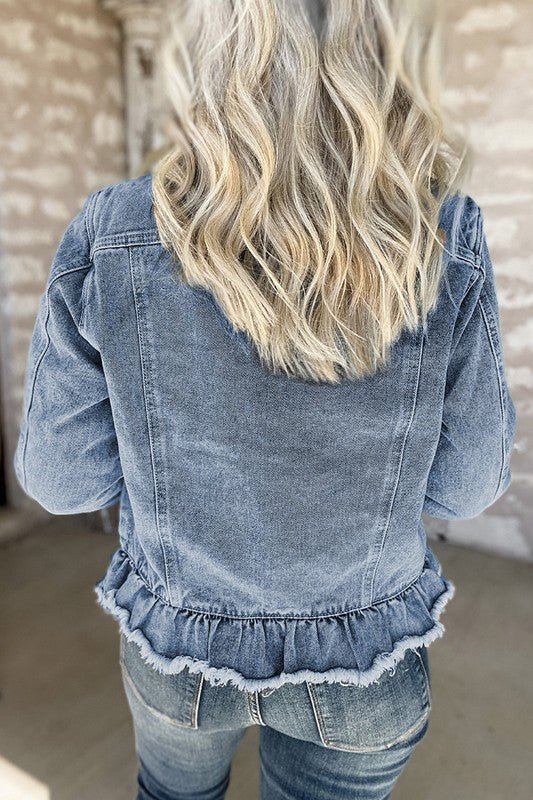 Beau Blue Ruffle Raw Hem Flap Pockets Denim Jacket - Too Dimes Boutique