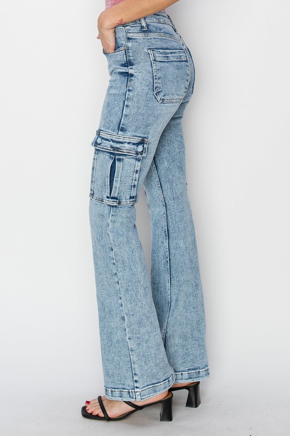 RISEN Full Size High Rise Cargo Flare Jeans - Too Dimes Boutique