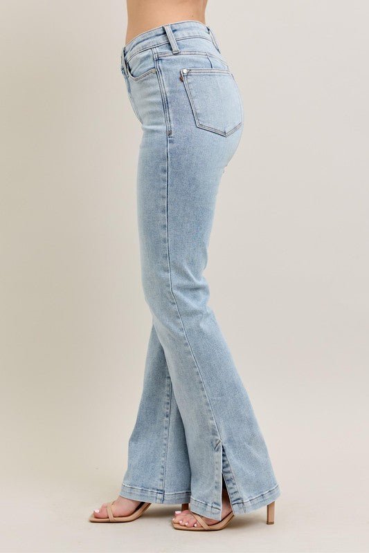 Judy Blue Full Size Tummy Control Vintage Wash Side Slit Slim Boot Jeans Plus Size - Too Dimes Boutique