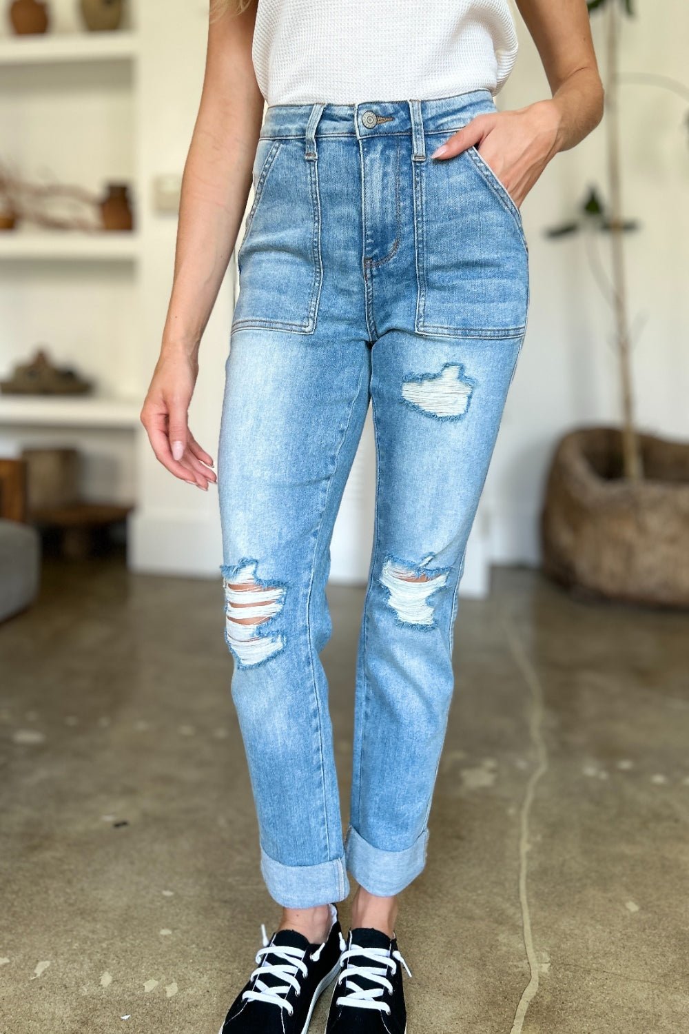 Judy Blue Full Size Distressed Straight Jeans with Patch Pockets - Too Dimes Boutique