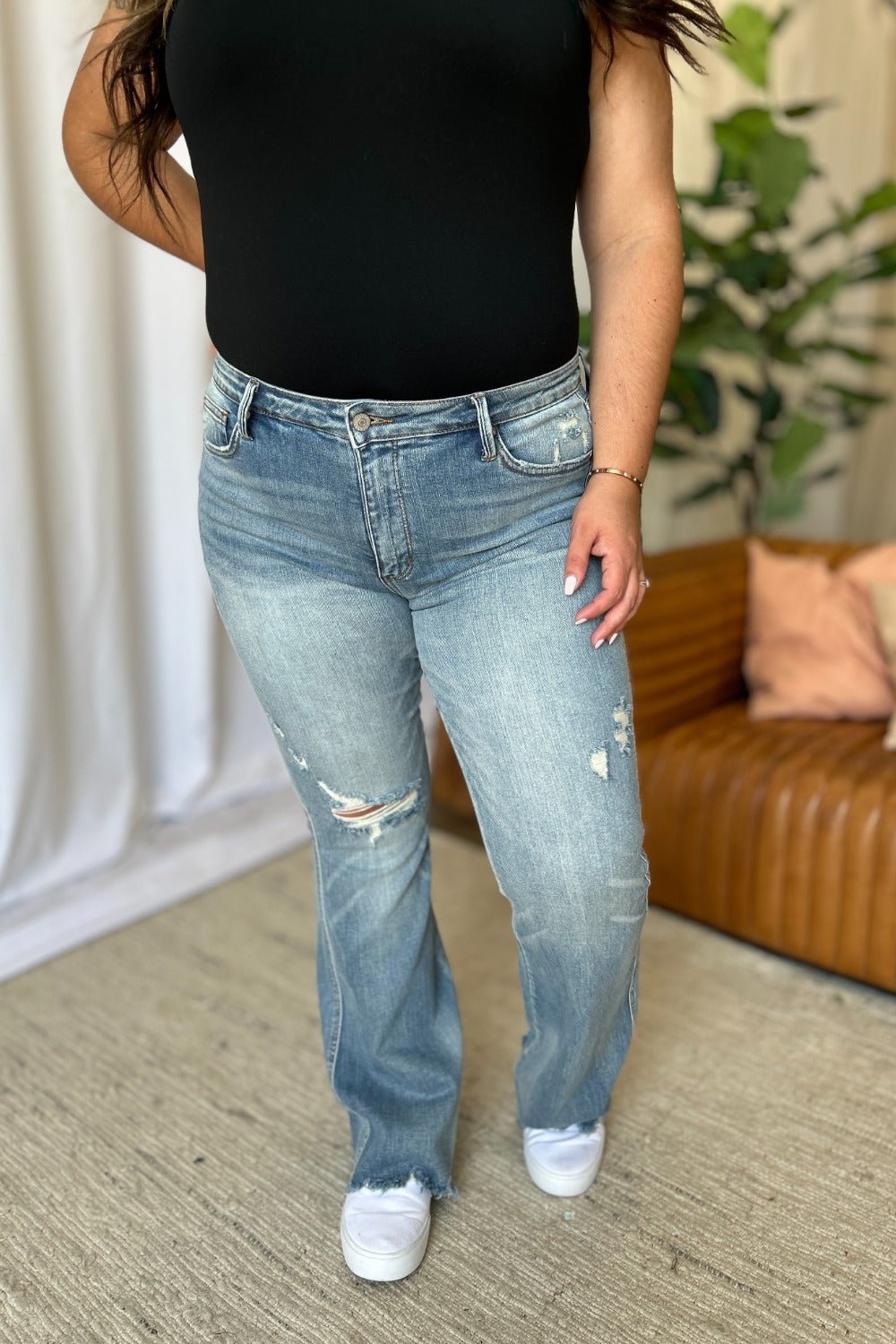 Judy Blue Full Size Medium Rise Tummy Control Destroy Flare - Too Dimes Boutique
