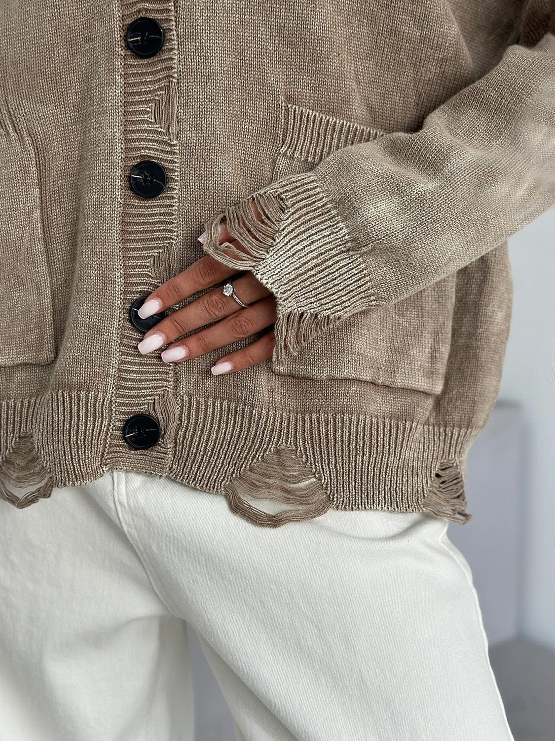 Distressed Button Down Long Sleeve Cardigan - Too Dimes Boutique