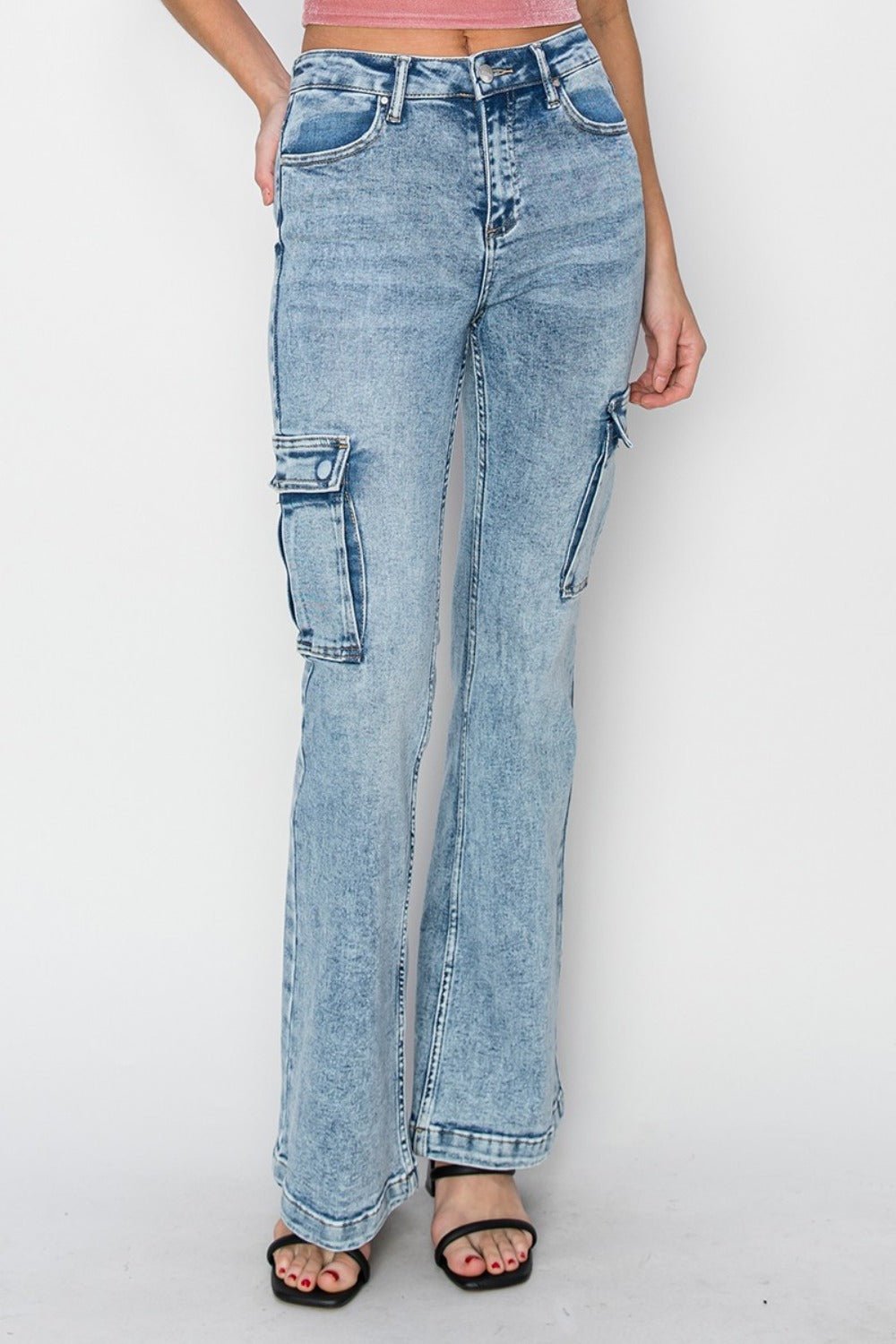 RISEN Full Size High Rise Cargo Flare Jeans - Too Dimes Boutique