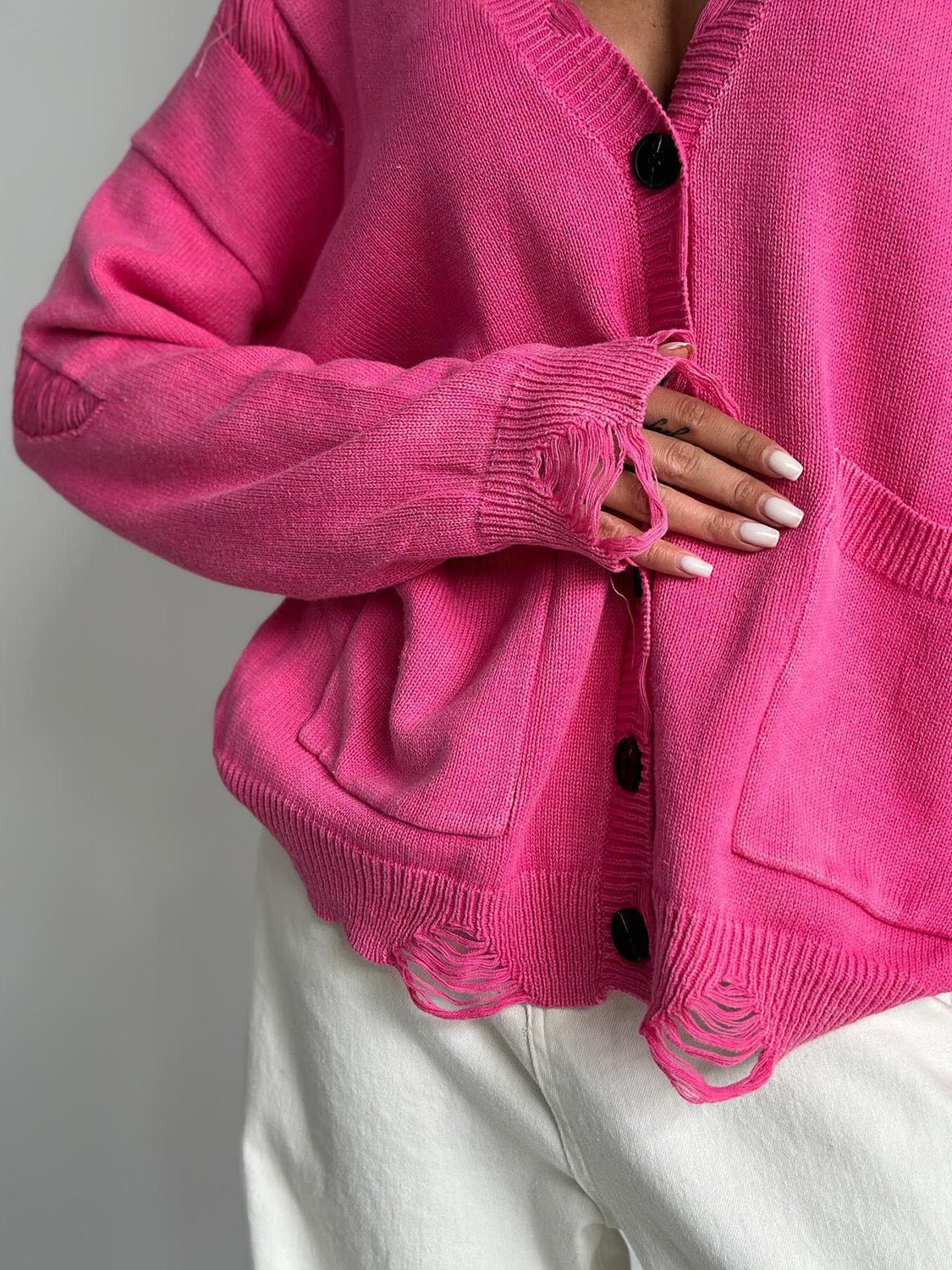 Distressed Button Down Long Sleeve Cardigan - Too Dimes Boutique