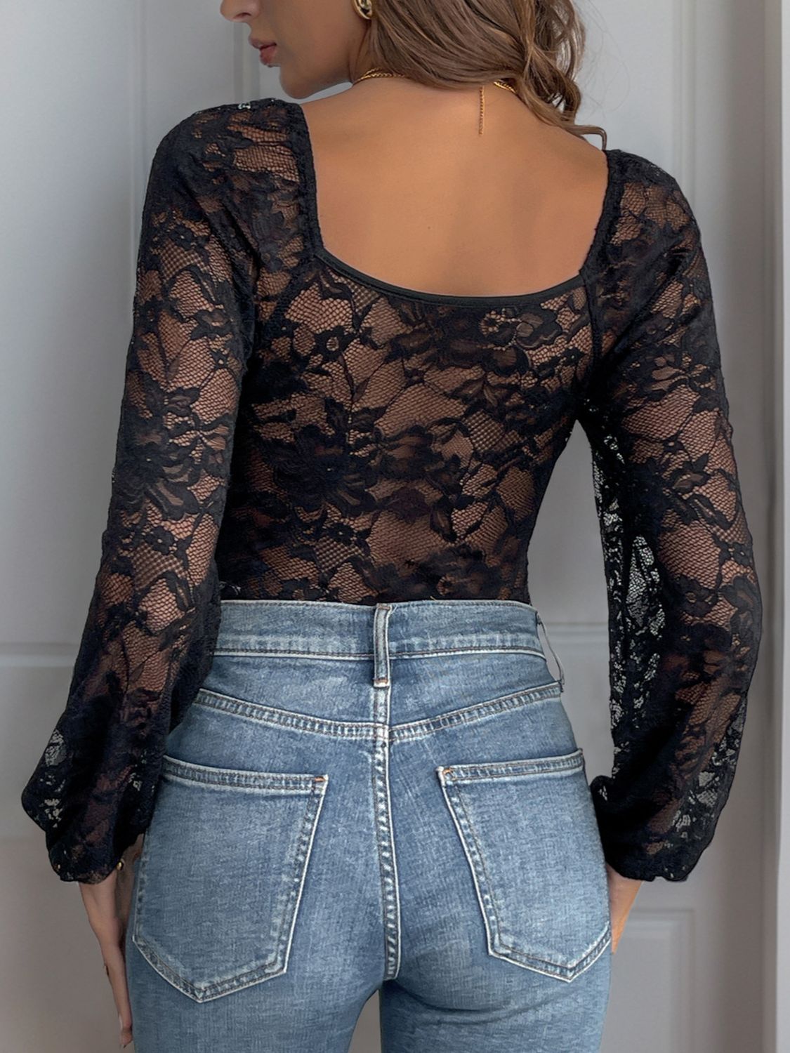 Perfee Lace V - Neck Long Sleeve Bodysuit - Too Dimes Boutique