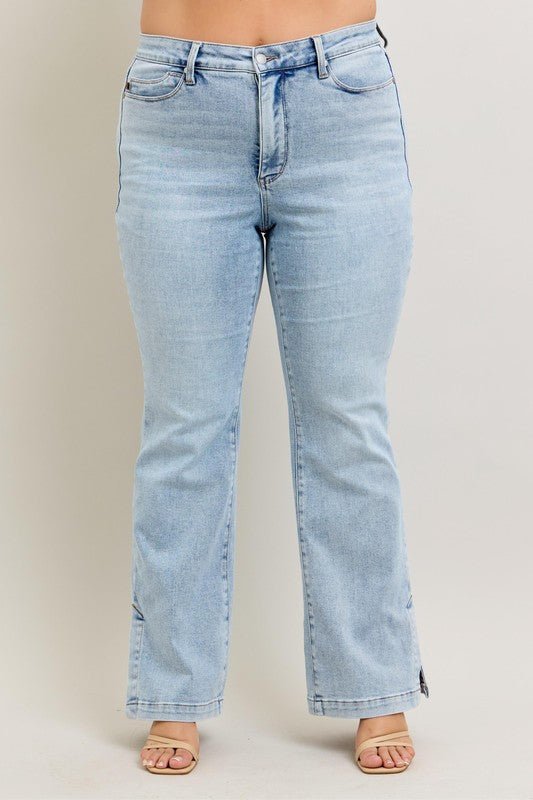 Judy Blue Full Size Tummy Control Vintage Wash Side Slit Slim Boot Jeans Plus Size - Too Dimes Boutique