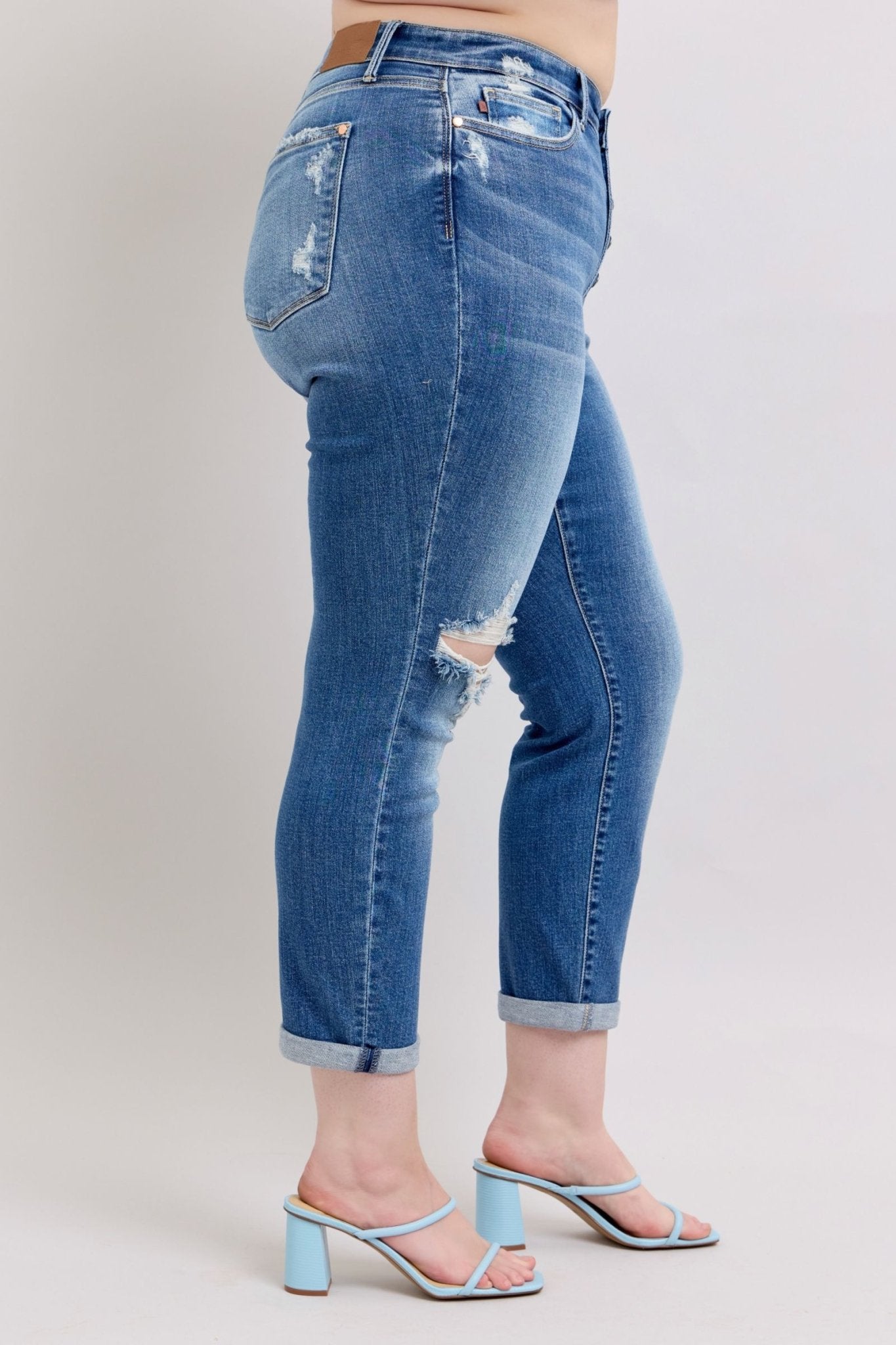 Judy Blue Full Size Button Fly Distressed Jeans with Pockets Plus Size - Too Dimes Boutique